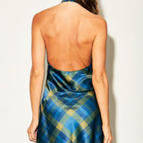 Plaid Halter Neck Open Back Mini Dress
