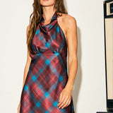 Plaid Halter Neck Open Back Mini Dress