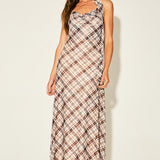 Plaid Halter Neck Open Back Maxi Dress With Scarf