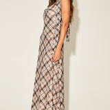 Plaid Halter Neck Open Back Maxi Dress With Scarf