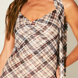 Plaid Halter Neck Open Back Maxi Dress With Scarf