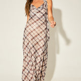 Plaid Halter Neck Open Back Maxi Dress With Scarf