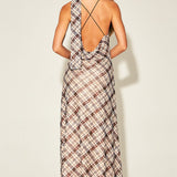 Plaid Halter Neck Open Back Maxi Dress With Scarf