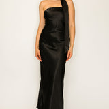 Off-shoulder Neck Tie Midi Satin Dress