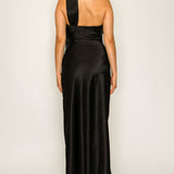 Off-shoulder Neck Tie Midi Satin Dress