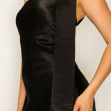 Off-shoulder Neck Tie Midi Satin Dress