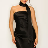 Off-shoulder Neck Tie Midi Satin Dress