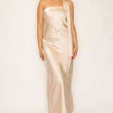 Off-shoulder Neck Tie Midi Satin Dress