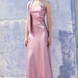 Off-shoulder Neck Tie Midi Satin Dress
