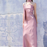 Off-shoulder Neck Tie Midi Satin Dress
