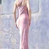 Off-shoulder Neck Tie Midi Satin Dress
