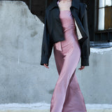 Off-shoulder Neck Tie Midi Satin Dress