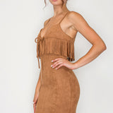 Fringe Detail Suede Mini Dress