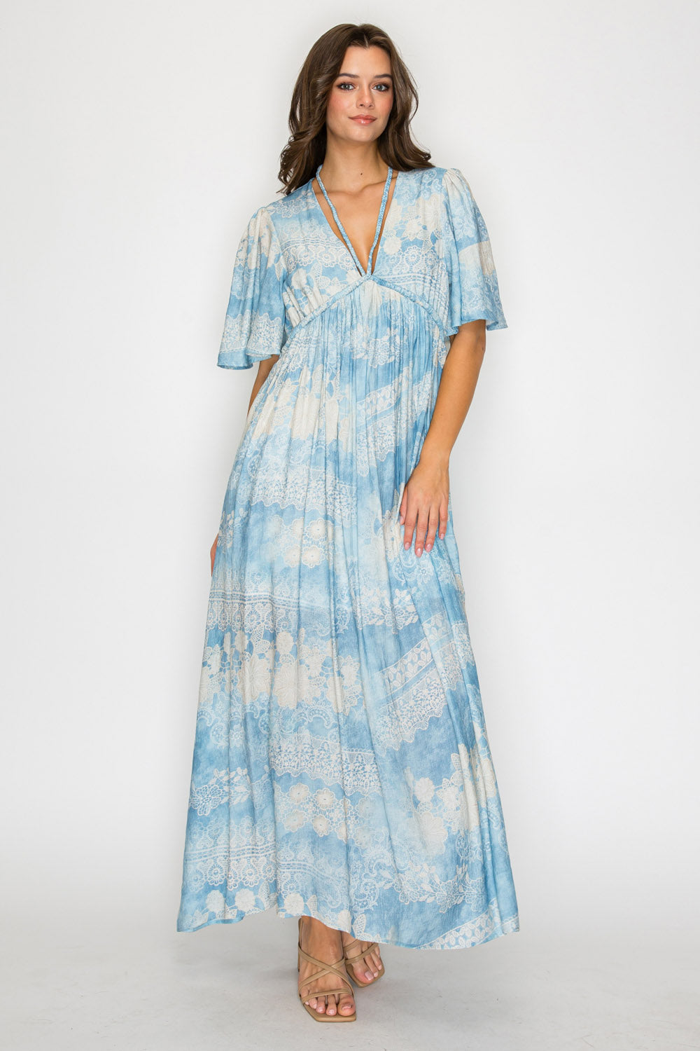 Deep V-neckline Lace Print Empire Maxi Dress dripsen.com Deep V-neckline Lace Print Empire Maxi Dress dripsen.com
