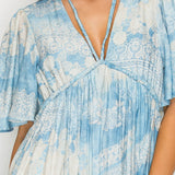 Deep V-neckline Lace Print Empire Maxi Dress