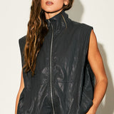 High Neck Faux Leather Zip-Up Vest