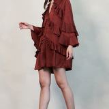 Ruffled Satin Romper with Button-Up Front