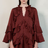 Ruffled Satin Romper with Button-Up Front