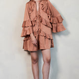 Ruffled Satin Romper with Button-Up Front