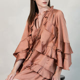 Ruffled Satin Romper with Button-Up Front