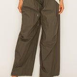 Crinkled Wide-Leg Pants with Drawcord Hem