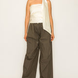 Crinkled Wide-Leg Pants with Drawcord Hem