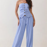 Strapless Ruched Button-Front Wide-Leg Jumpsuit