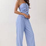 Strapless Ruched Button-Front Wide-Leg Jumpsuit