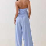 Strapless Ruched Button-Front Wide-Leg Jumpsuit