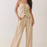 Strapless Ruched Button-Front Wide-Leg Jumpsuit