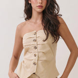 Strapless Ruched Button-Front Wide-Leg Jumpsuit