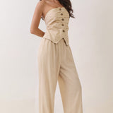 Strapless Ruched Button-Front Wide-Leg Jumpsuit