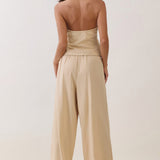 Strapless Ruched Button-Front Wide-Leg Jumpsuit