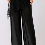Lace Wrap Detail Sheer Wide Leg Pants
