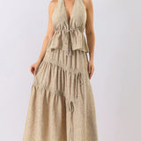 Tassel Tie Halter Top & Tiered Maxi Skirt Set