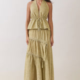 Tassel Tie Halter Top & Tiered Maxi Skirt Set