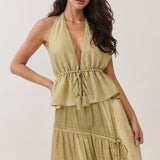 Tassel Tie Halter Top & Tiered Maxi Skirt Set