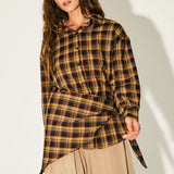 Plaid Button-Down Shirt with Convertible Scarf
