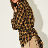 Plaid Button-Down Shirt with Convertible Scarf