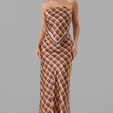 Plaid Strapless Satin Top & Maxi Skirt Set