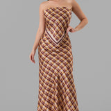 Plaid Strapless Satin Top & Maxi Skirt Set