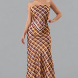 Plaid Strapless Satin Top & Maxi Skirt Set