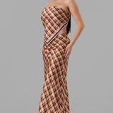 Plaid Strapless Satin Top & Maxi Skirt Set