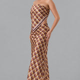 Plaid Strapless Satin Top & Maxi Skirt Set