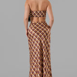 Plaid Strapless Satin Top & Maxi Skirt Set