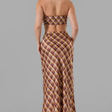 Plaid Strapless Satin Top & Maxi Skirt Set