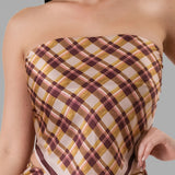 Plaid Strapless Satin Top & Maxi Skirt Set