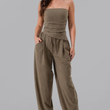 Ruched Strapless Asymmetric Hem Tube Top & High-Waist Relaxed Pocket Pants