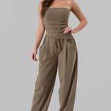 Ruched Strapless Asymmetric Hem Tube Top & High-Waist Relaxed Pocket Pants