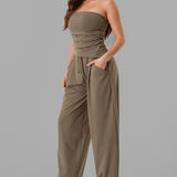 Ruched Strapless Asymmetric Hem Tube Top & High-Waist Relaxed Pocket Pants